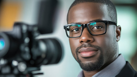 A man with glasses and a camera in front of him, AIの素材