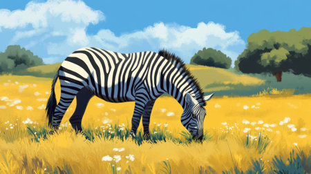 A zebra grazing in a field of tall yellow grass, AIの素材
