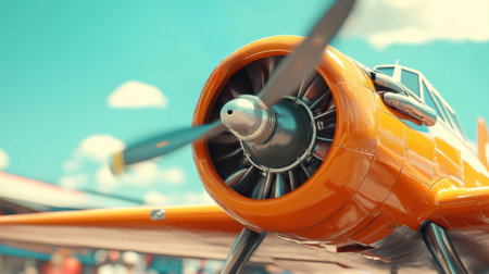 A close up of a small orange airplane with its propeller spinning, AIの素材