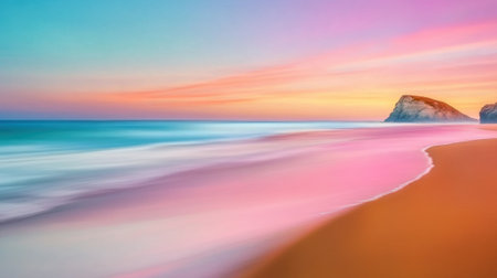 A colorful sunset on the beach with a rock in front of it, AIの素材