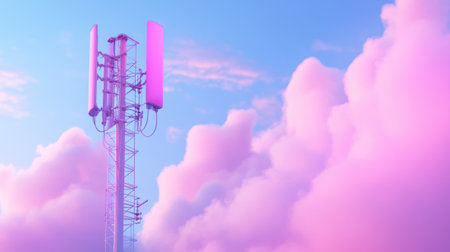 A cell phone tower with a pink sky background, AIの素材