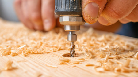 A person using a drill to cut wood on the table, AIの素材