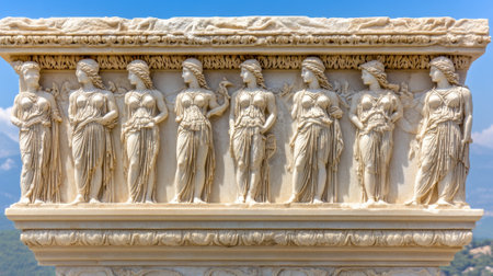 A group of fictional statues on a stone base with mountains in the background, AIの素材