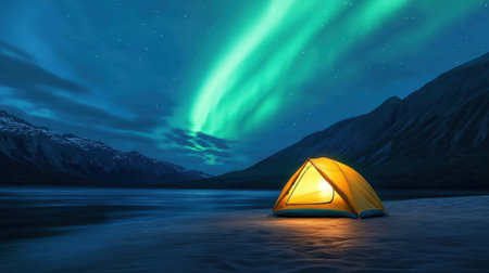A tent is lit up under the aurora borealis in a snowy landscape, AIの素材