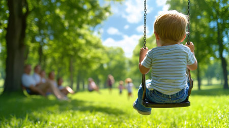 A little boy sitting on a swing in the park, AIの素材