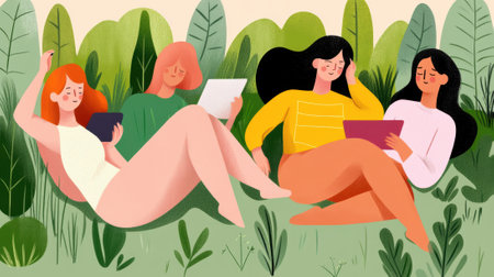 Three women sitting in the grass with their laptops, AIの素材