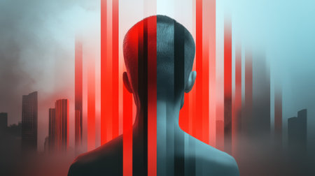 A man with a red and black striped background in the middle of his head, AIの素材