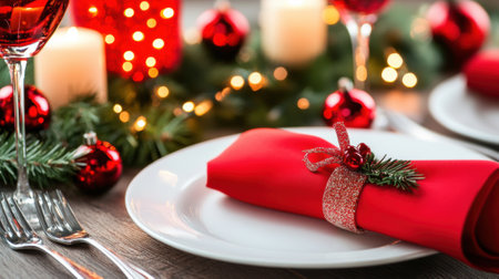 A plate with a napkin and silverware on it next to christmas decorations, AIの素材