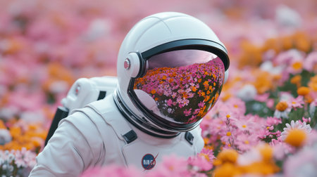 A man in an astronaut suit standing among flowers with a camera, AIの素材