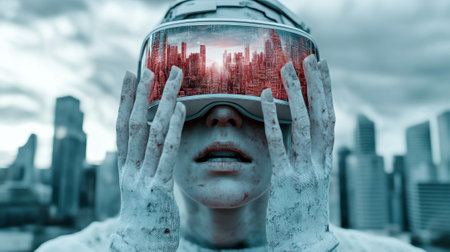A person with a virtual reality headset covering their eyes, AIの素材