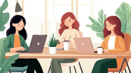 Three women sitting at a table with laptops and plants, AIの素材