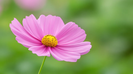 A single pink flower with a yellow center in the middle of green grass, AIの素材