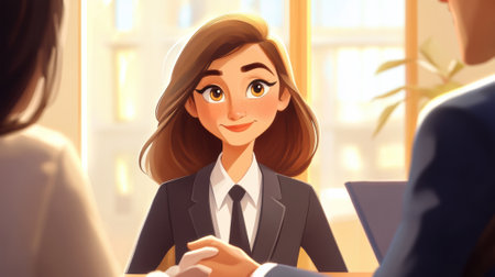 A cartoon woman in a suit and tie sitting at the table, AIの素材