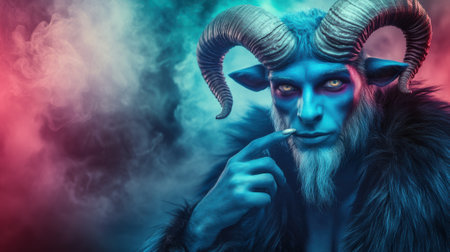 A blue and red horned demon with a beard, AIの素材