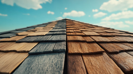 A close up of a roof with different colored shingles, AIの素材