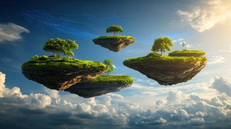 A group of floating islands with trees and grass on them, AIの素材