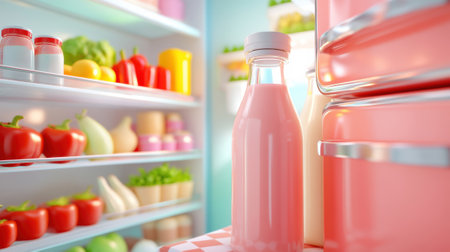 A pink bottle of milk in a refrigerator with vegetables and fruit, AIの素材