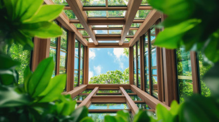 A view of a window looking up at the sky and trees, AIの素材