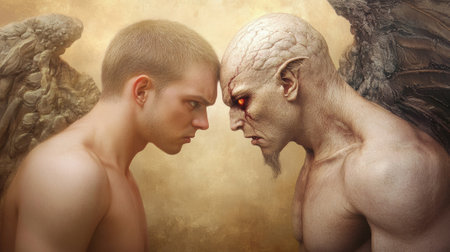 Two men with angel wings facing each other in a painting, AIの素材