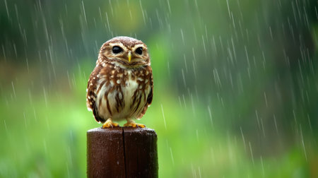 A small owl sitting on a post in the rain, AIの素材