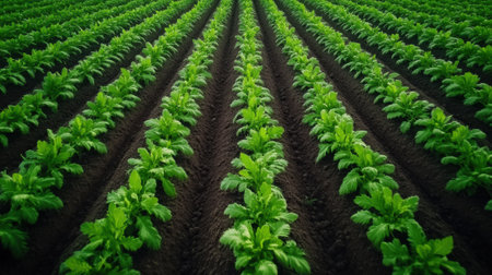 A field of lettuce plants growing in rows with dirt, AIの素材