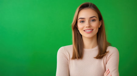 A woman with her arms crossed smiling at the camera, against chroma key green background, AIの素材