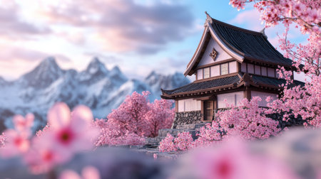 A small house with a mountain in the background and pink flowers, AIの素材