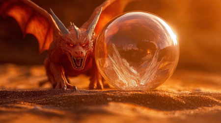 A red dragon with a glass ball in its mouth, AIの素材