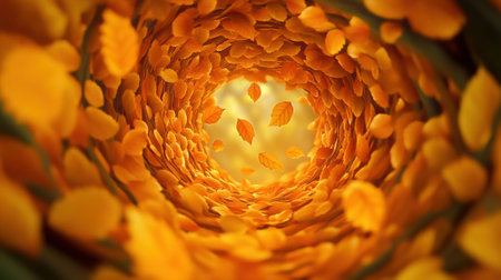 A close up of a spiral tunnel with yellow leaves, AIの素材