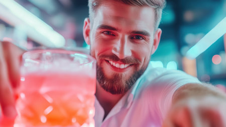 A man holding a glass of pink drink at the bar, AIの素材