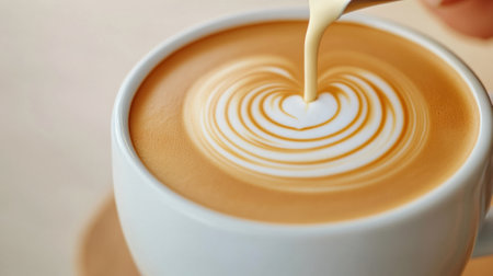 A close up of a cup with white foam and swirls, AIの素材