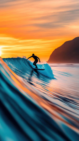 A man riding a wave on top of his surfboard at sunset, AIの素材