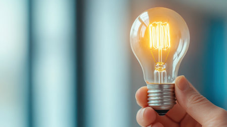 A person holding a light bulb in their hand with the filament lit, AIの素材