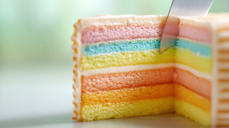 A slice of a rainbow cake with knife in it, AIの素材