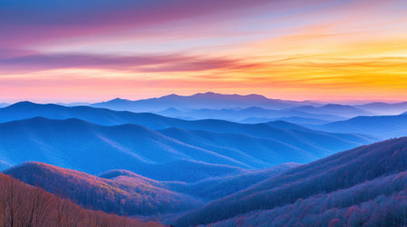 A view of a mountain range with trees and mountains in the background, AIの素材