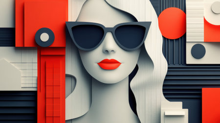 A womans face with sunglasses and red lips is surrounded by geometric shapes, AIの素材
