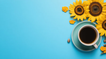 A cup of coffee and sunflowers on a blue background, AIの素材