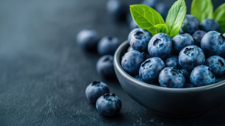 A bowl of blueberries with leaves on a black table, AIの素材