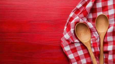 Two wooden spoons sitting on a red checkered tablecloth, AIの素材