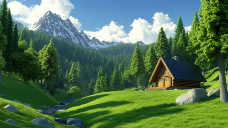 A small cabin in a lush green valley surrounded by mountains, AIの素材