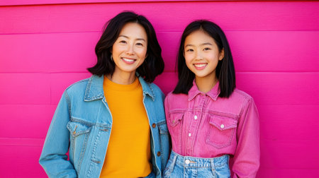 Two women standing next to each other in front of a pink wall, AIの素材