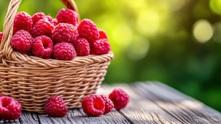 A basket of raspberries on a wooden table outside, AIの素材