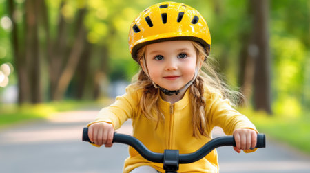 A little girl wearing a yellow helmet riding on her bike, AIの素材