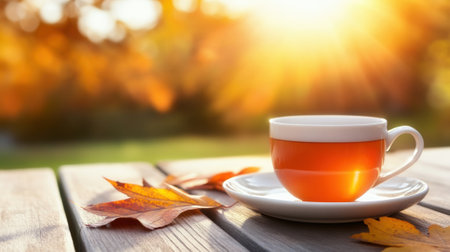 A cup of tea on a wooden table with autumn leaves, AIの素材