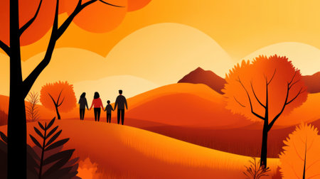 A family is walking through a field with orange trees, AIの素材