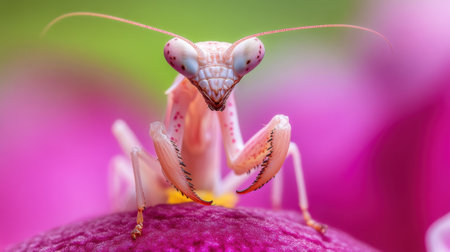 A close up of a praying mantisce on top of an orange, AIの素材