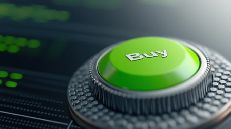 A green button with the word buy on it sitting in front of a computer screen, AIの素材