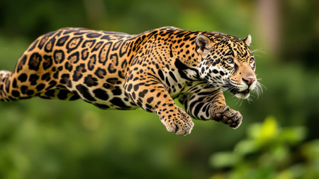 A jaguar leaping through the air in front of a green background, AIの素材