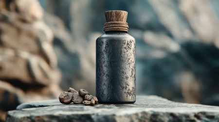 A bottle of a black and brown object sitting on top of rocks, AIの素材