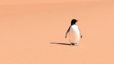 A penguin standing on a sandy beach with no other animals around, AIの素材